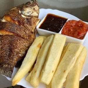 Fish platter with fried yam/sauce